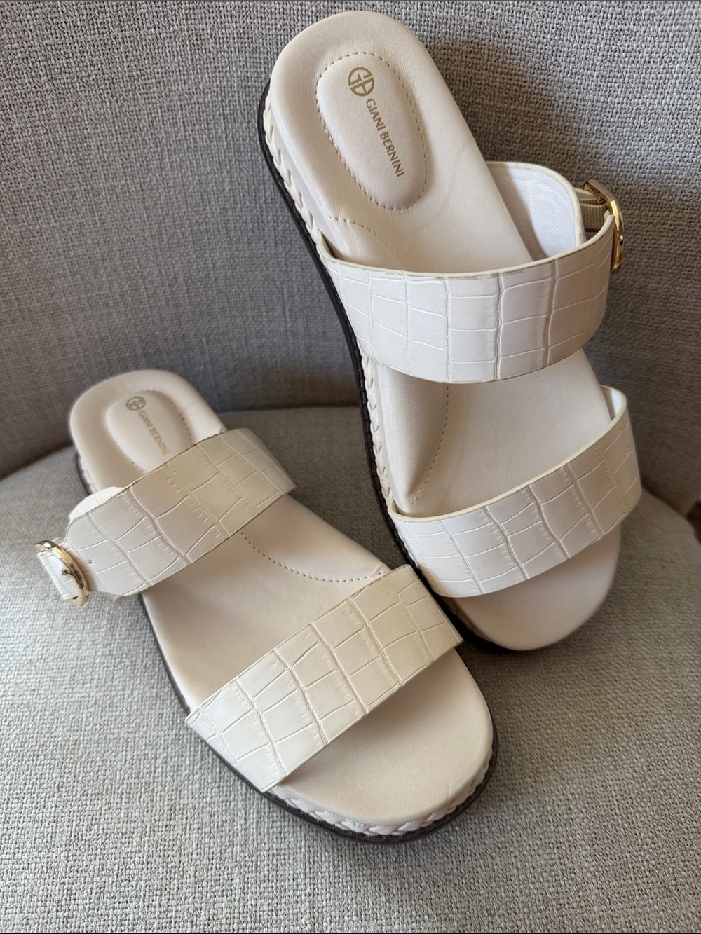 Gianni Bini Off-White Croc-Embossed Double Strap Sandals with Gold Buckle